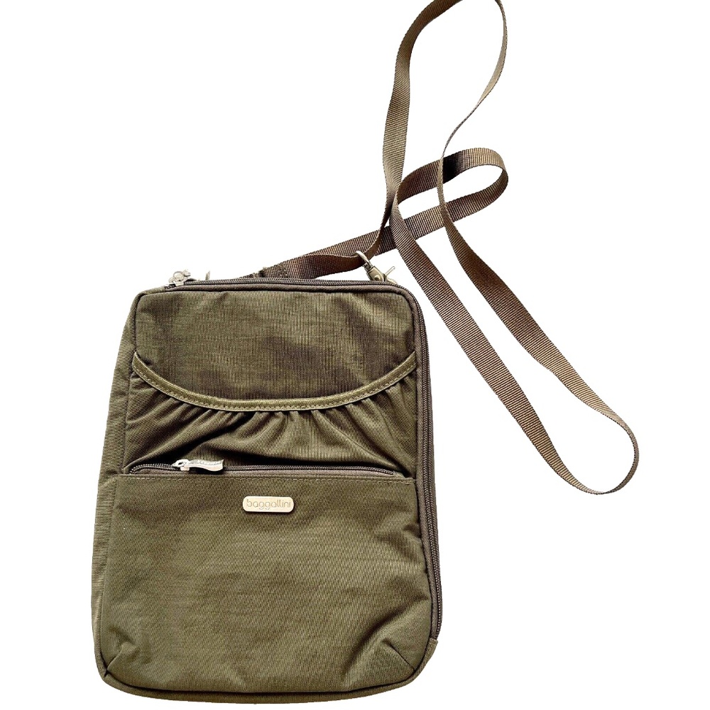 Baggallini Crossbody Nylon Zip Bag Travel Organizer Green Lots Pockets Tablet